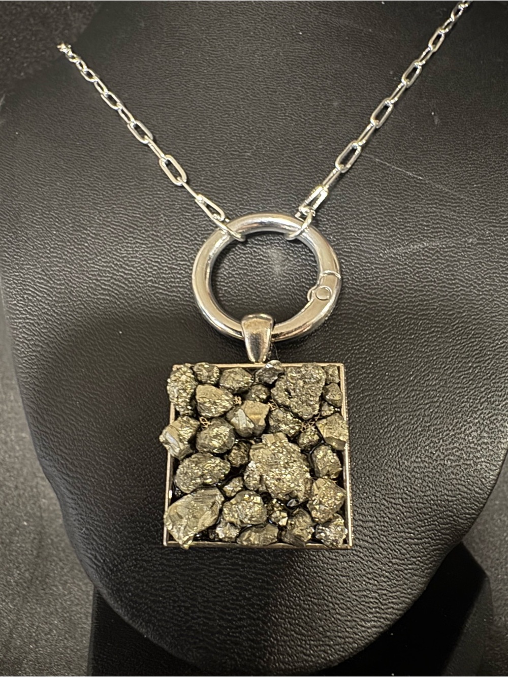 Hand crafted Square Pyrite Cluster Pendant Necklace in Silver